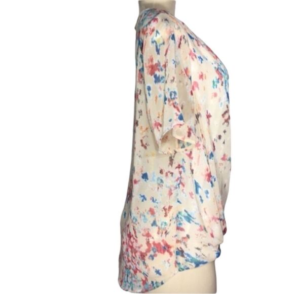 LELIS CREAM CHIFFON MULTICOLOR‎ ABSTRACT PAINT SPLATTER HIGH LOW ARTSY BLOUSE M - Picture 5 of 12